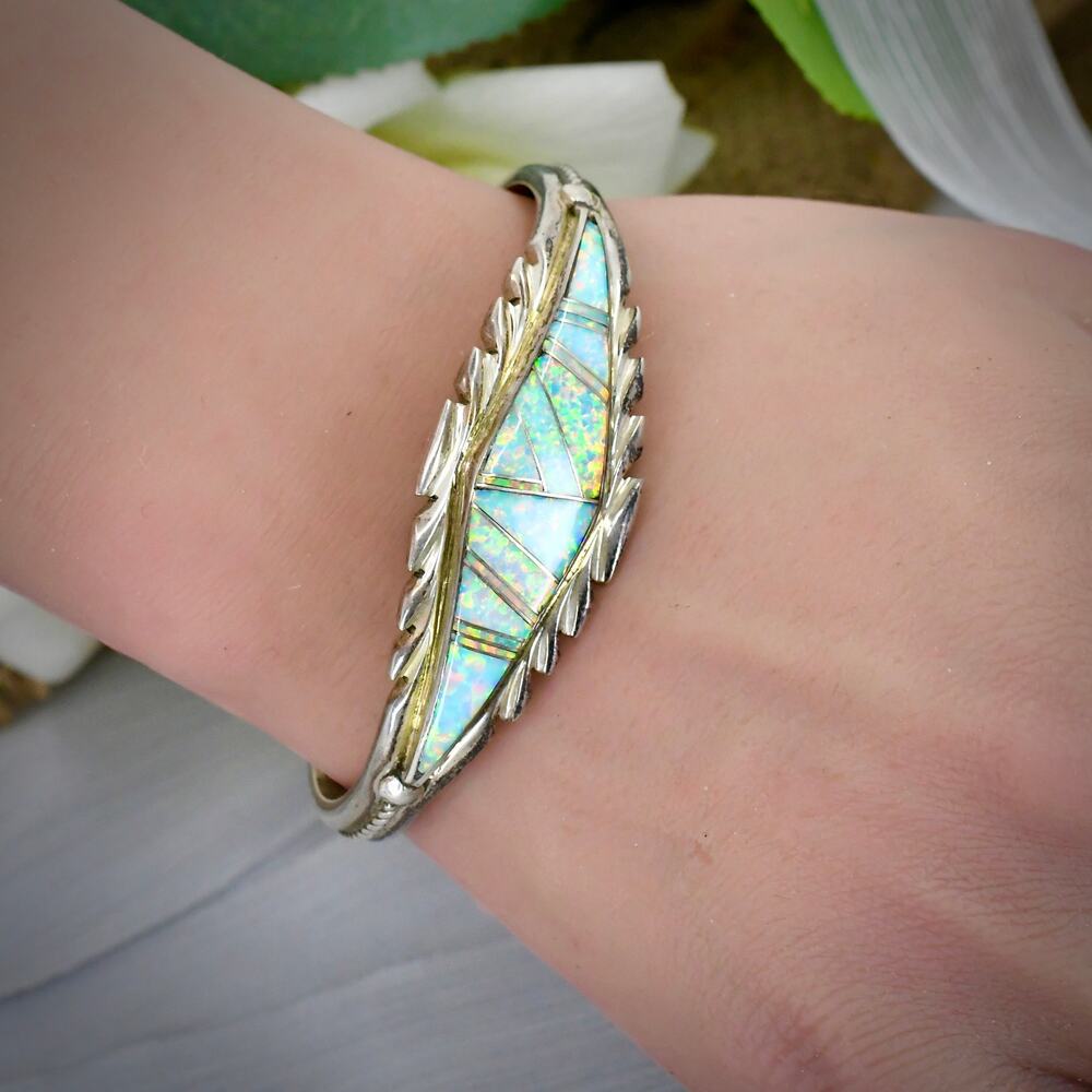 Vintage Navajo Thomas Francisco Sterling Silver Opal Cuff Bracelet 28.5g